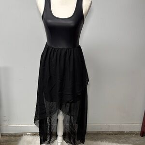 Asymmetrical Black Dress Faux Leather Bodice Sheer bottom High Low Whimsigoth S